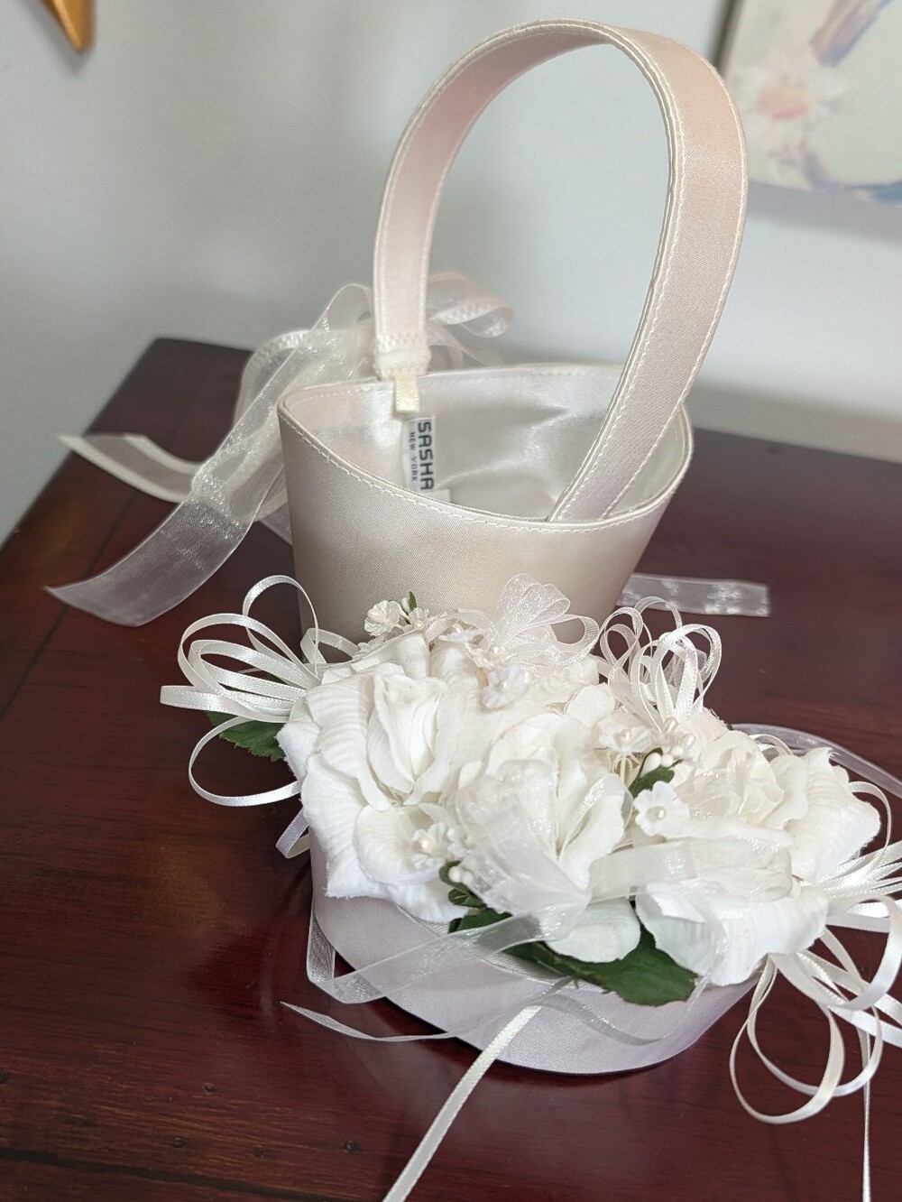 Flower Girl Bridal Basket Silky Rose Ribbons Two Piece Zipper Satin By Sasha NY